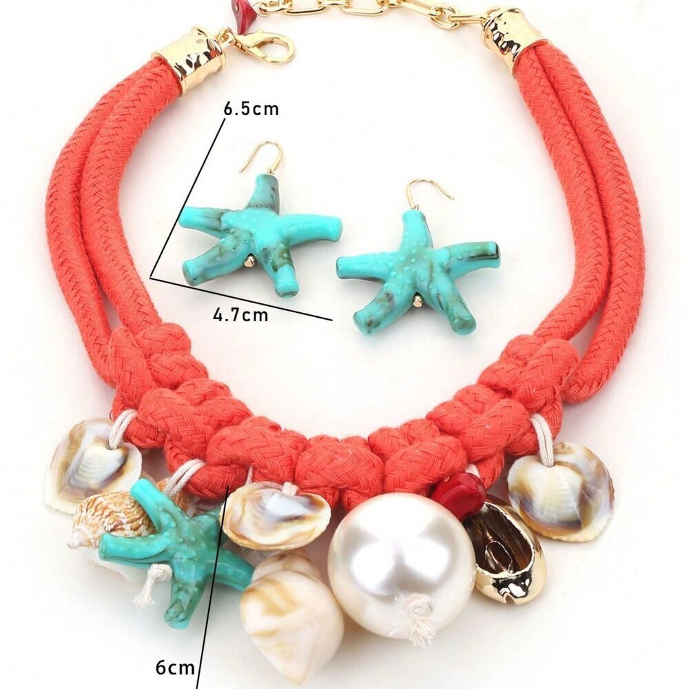 Multicolor Boho Women's Seascape Theme Beaded Necklace & Earrings Set - Picture 5 of 6